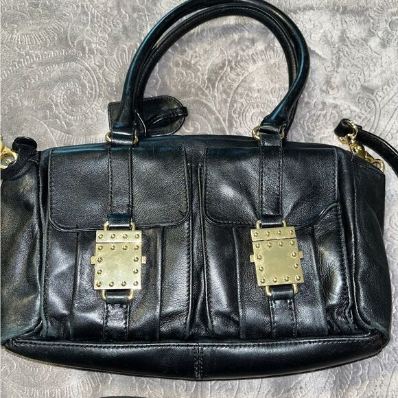 Badgley Mischka Black Leather Handbag with Gold Accents - Picture 2 of 11
